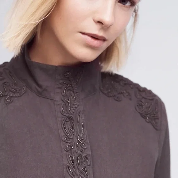 Anthropologie Love Sam XS Khaki Travis Beaded 100% Cotton Utility Jacket - Picture 2 of 14